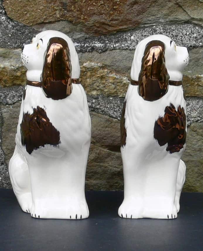 Antique  Oldcourt Ware Copper Lustre Fireside Flatback Spaniels